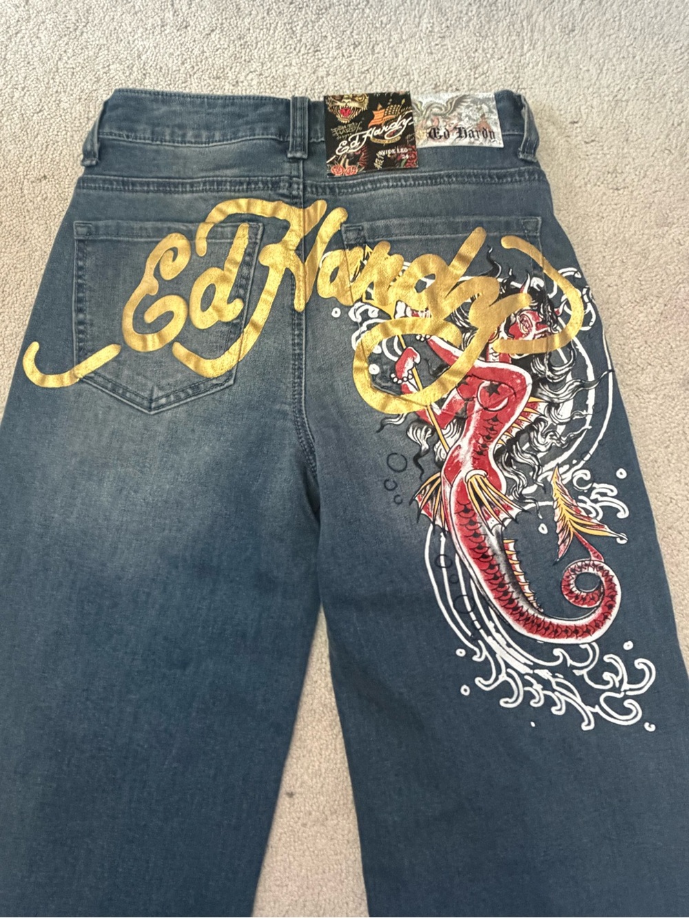 Ed Hardy Devil Mermaid Wide Leg Jeans Vintage Wash